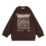 Men Sweater Oil Painting Landscape Printing Crew Neck Sweater