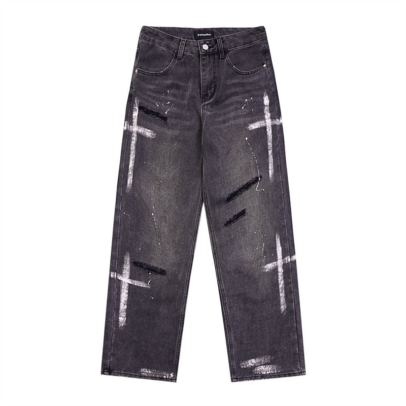 Men Jeans Cross Print Ripped Niche