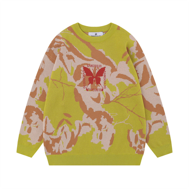 Men Sweater Butterfly Jacquard round Neck Knitted Sweater Loose