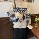 Women Knitted Cardigan Vintage Rhombus Thickened Coat