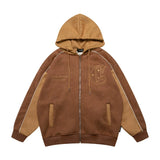 Men Fleece Lined Hoodie Cardigan Sweater Men's Winter Loose Color Contrast Patchwork Embroidered Letters