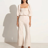 Women Co-Ords Square Collar Puff Sleeve High Waist Wide Leg Pants