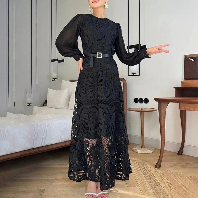 Bohemian Dress French Retro Lantern Sleeve Lace-up Dress