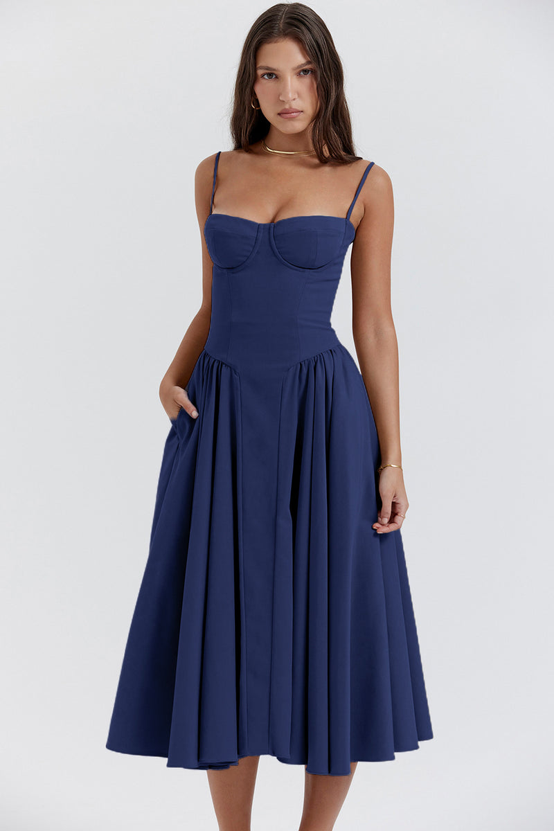 Women Dress Summer French Retro Spaghetti Straps Dress