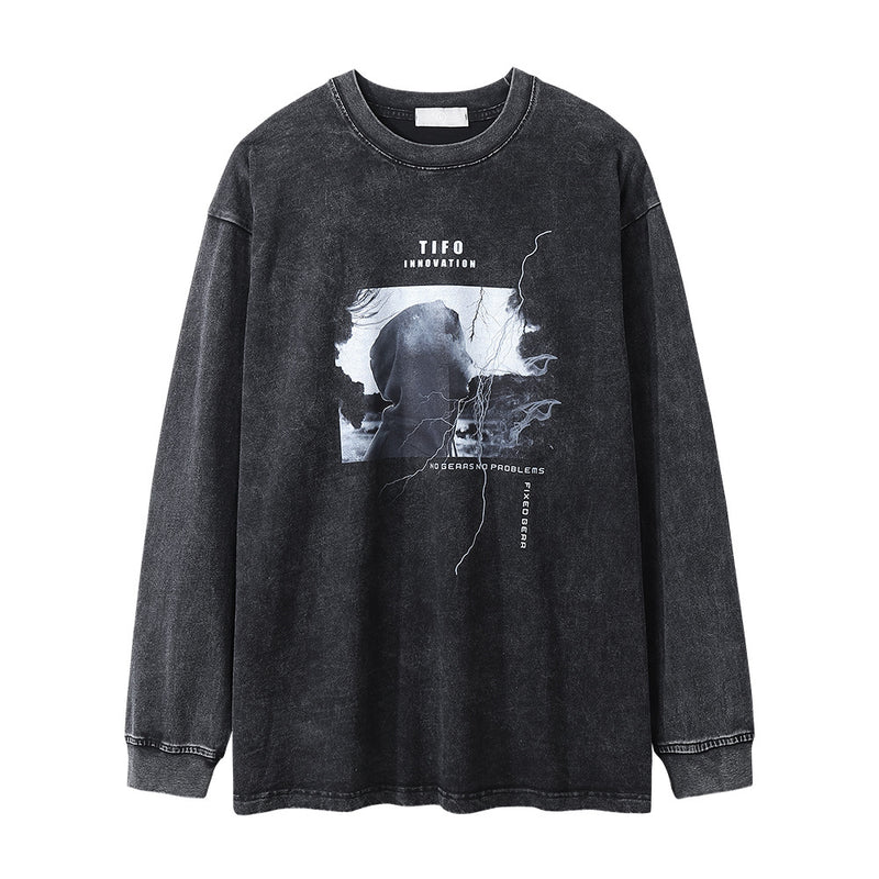 Men Long Sleeve T-Shirt Dark Character Print Distressed Loose