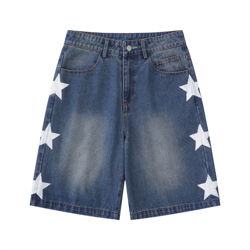 Men Shorts XINGX Printed Denim Shorts Loose Wash Brushed White