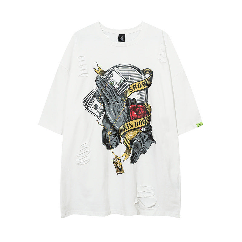 Men T-Shirt Ripped Retro Loose