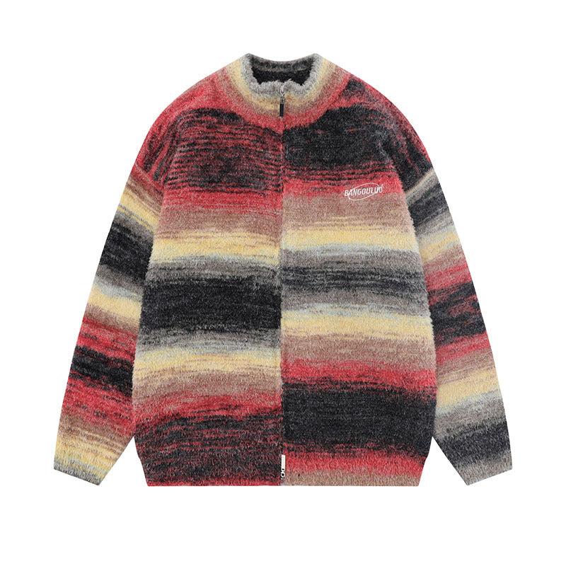 Women Sweater Gradient Striped Knitted Zipper Jacket Casual