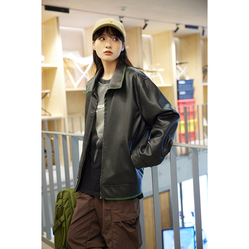 Unisex Pu Jacket Retro PU Leather Coat Loose All-Match