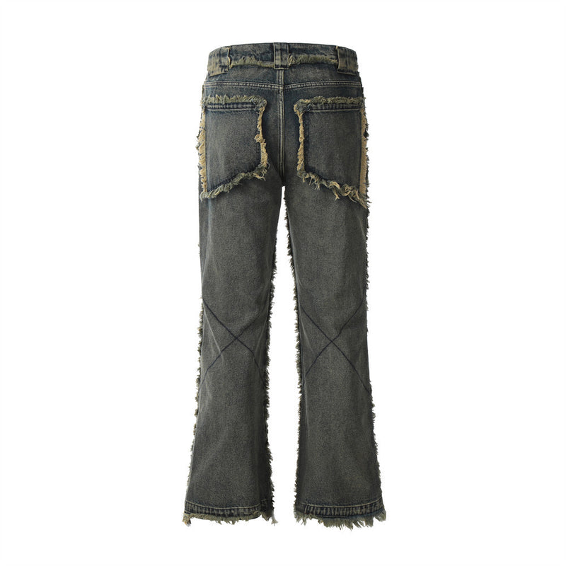 Men Jeans Raw Edge Stitching Distressed Color Fading Loose Flared Pants