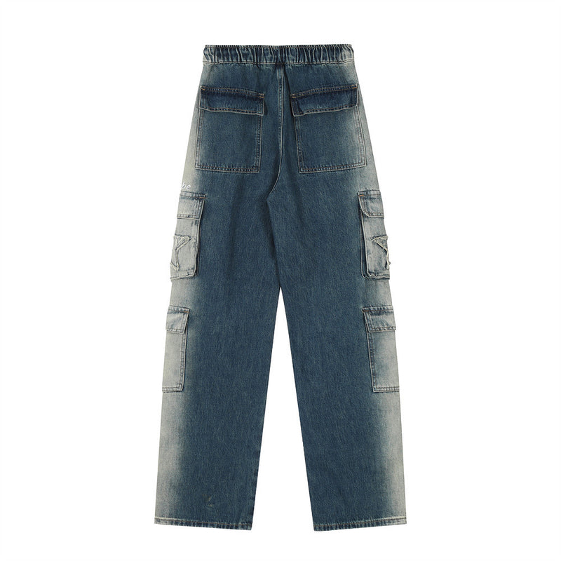 Men Jeans Spray Painting Gradient Color Tooling Multi-Pocket Loose