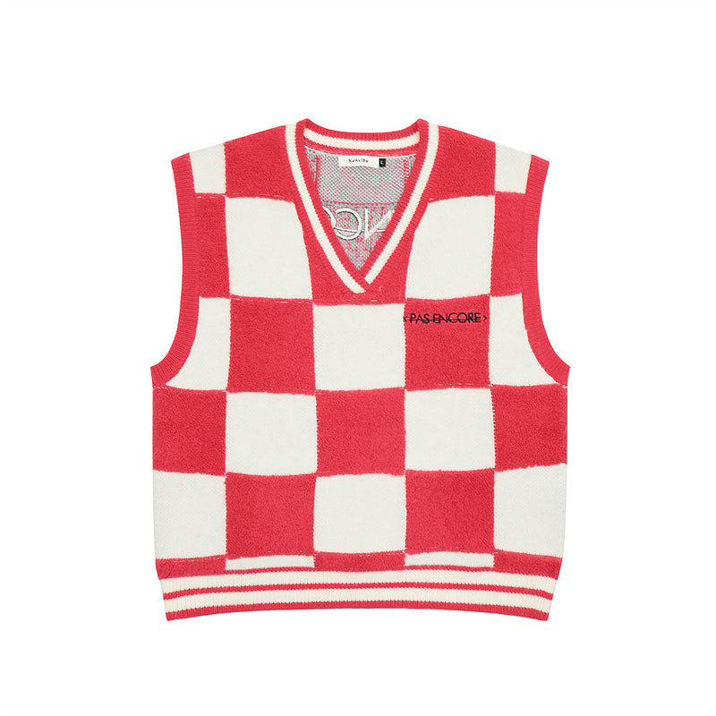 Men Sweater Chessboard Plaid V-neck Sweater Vest Loose