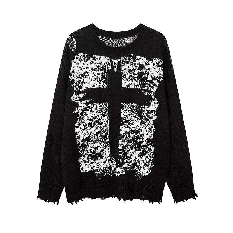 Women Sweater Cross Ripped Vintage Knitted Top