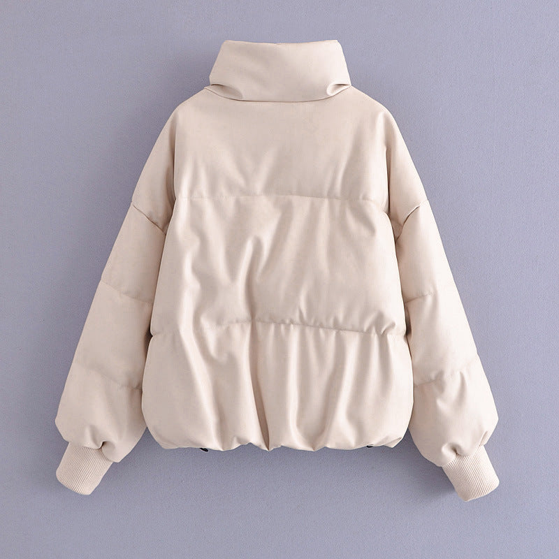 Women Cotton Coat Loose Zip PU Leather Cotton