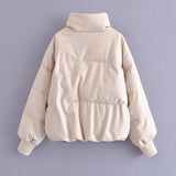 Women Cotton Coat Loose Zip PU Leather Cotton