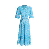 Bohemian Dress Fashion Adult Lady like Woman Style Floral Tie-Neck Dress