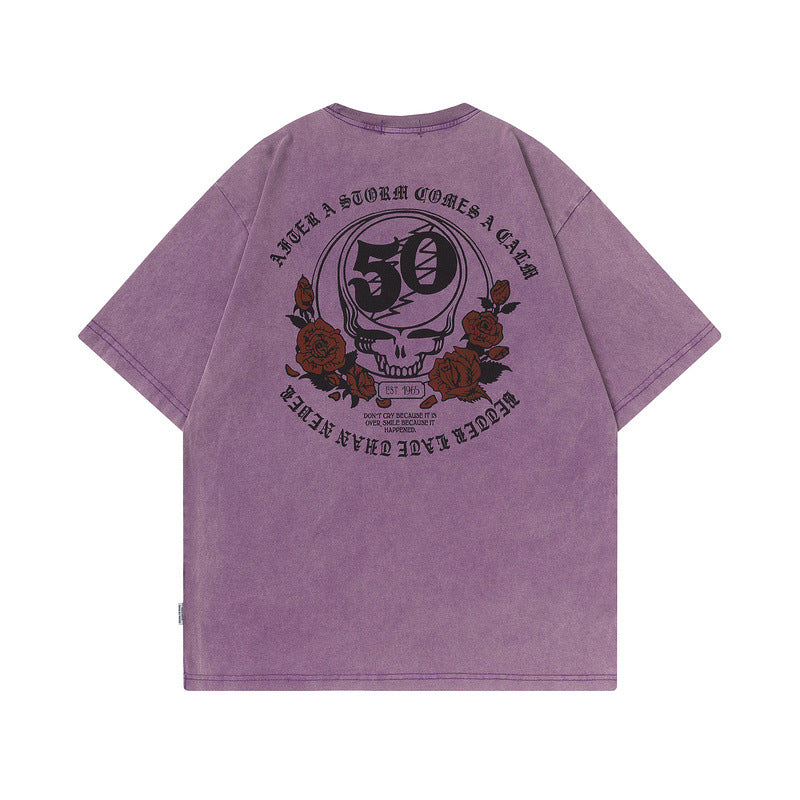 Men T-Shirt Vintage Rose Print Summer Loose