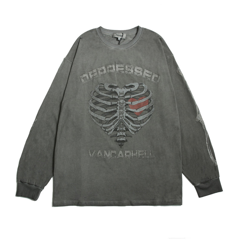 Men Long Sleeve T-Shirt Skeleton Pattern Distressed Loose