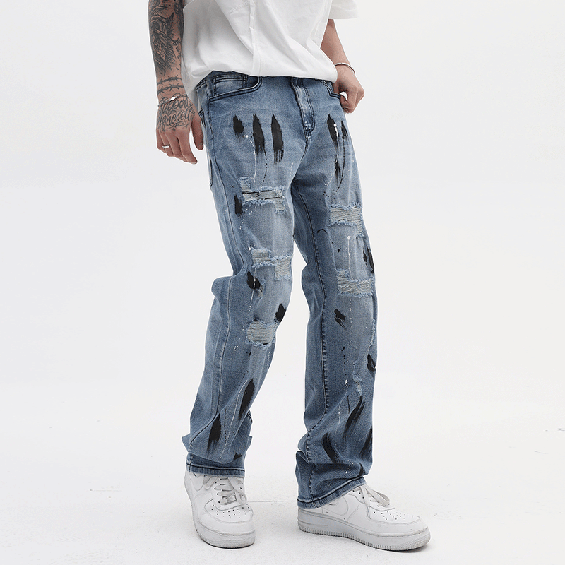 Men Jeans Graffiti Hole Punk Leisure