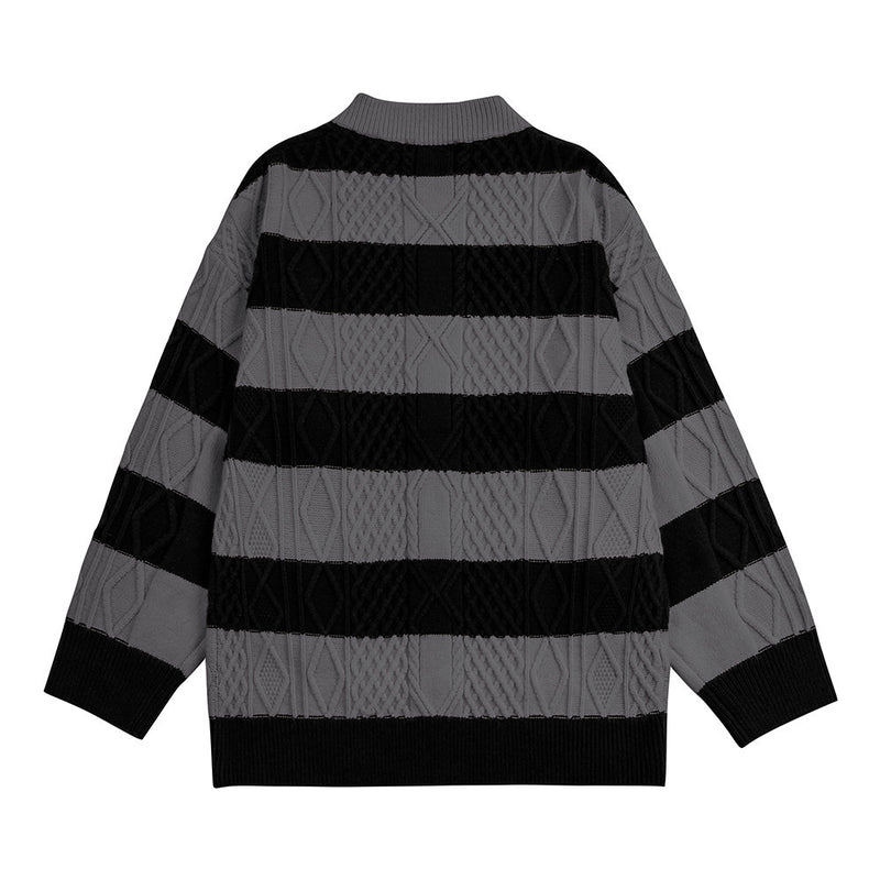 Men Sweater Striped Stand Collar Cardigan Sweater Coat Loose