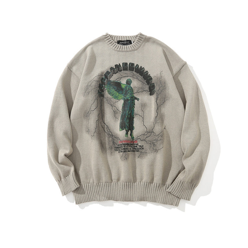Men Sweater Dark Statue Printed Knitwear Loose round Neck Sweater