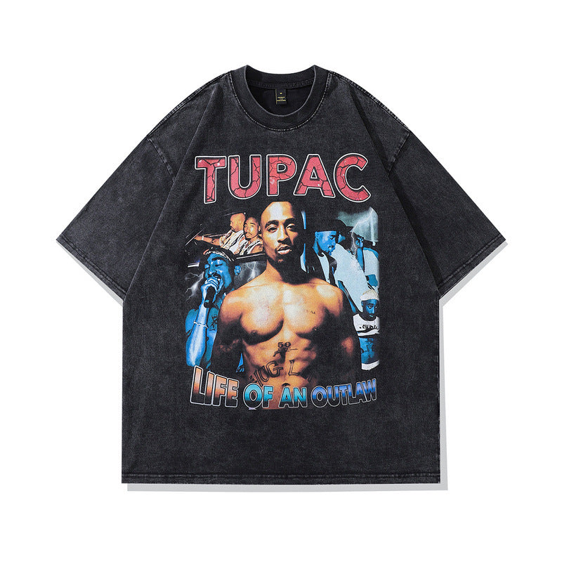 Men T-Shirt Rapper Print Distressed Retro Loose