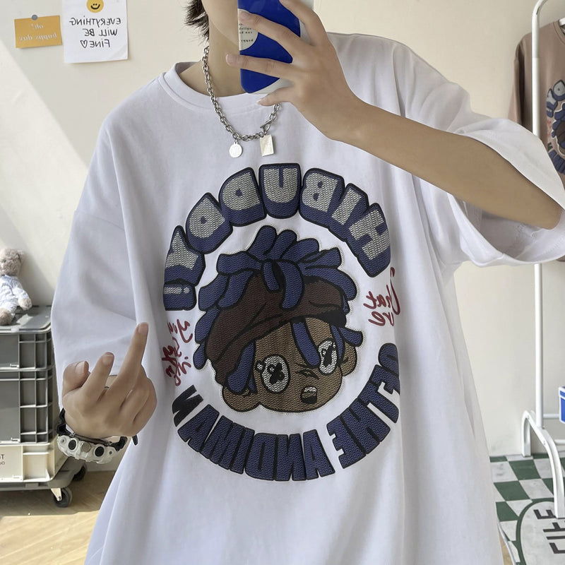 Men T Shirt All-Match Cartoon Printed Loose