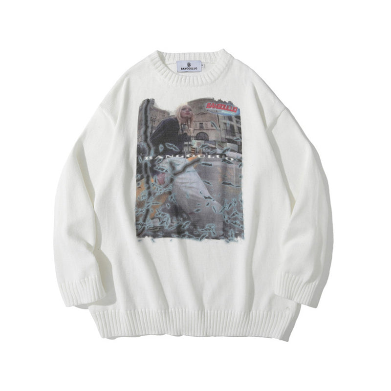 Men Sweater Character Printed Knitwear Loose round Neck Sweater