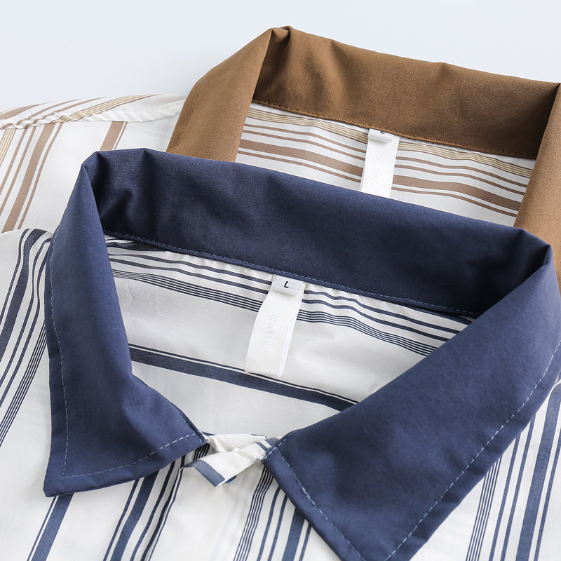 Unisex Shirt Retro Patchwork Three-Dimensional Pocket Loose Stripes