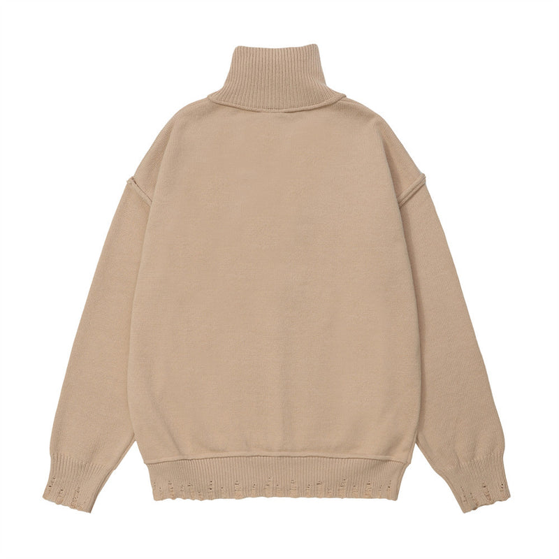 Men Sweater Half Zip Turtleneck Sweater Loose Paste Cloth Embroidery