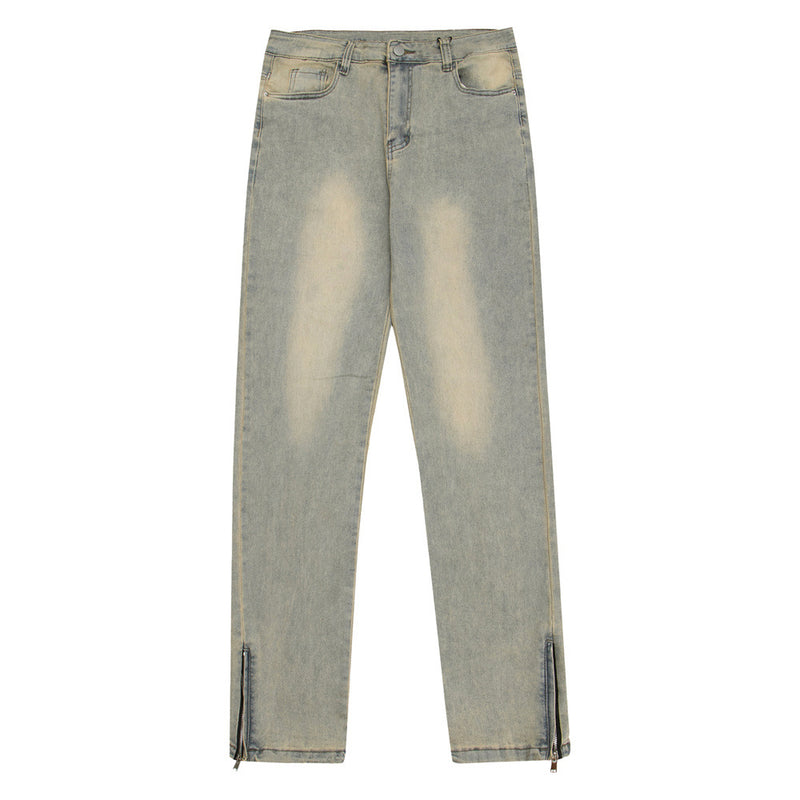 Men Jeans Mud Yellow Dyed Retro Loose Casual Zipper Slit