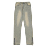 Men Jeans Mud Yellow Dyed Retro Loose Casual Zipper Slit