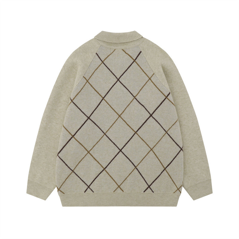 Men Sweater Diamond Plaid Butterfly Embroidered Lapel Sweater