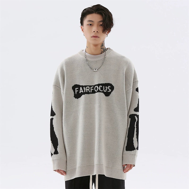 Men Sweater Skull Skeleton Jacquard Knitted Sweater Loose