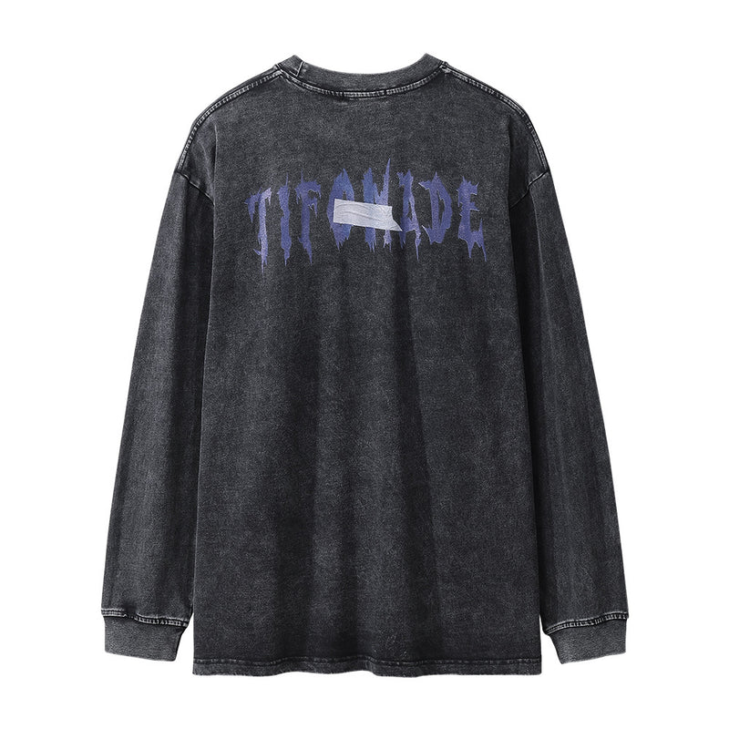 Men Long Sleeve T-Shirt Fun Smiley Face Character Printing Distressed