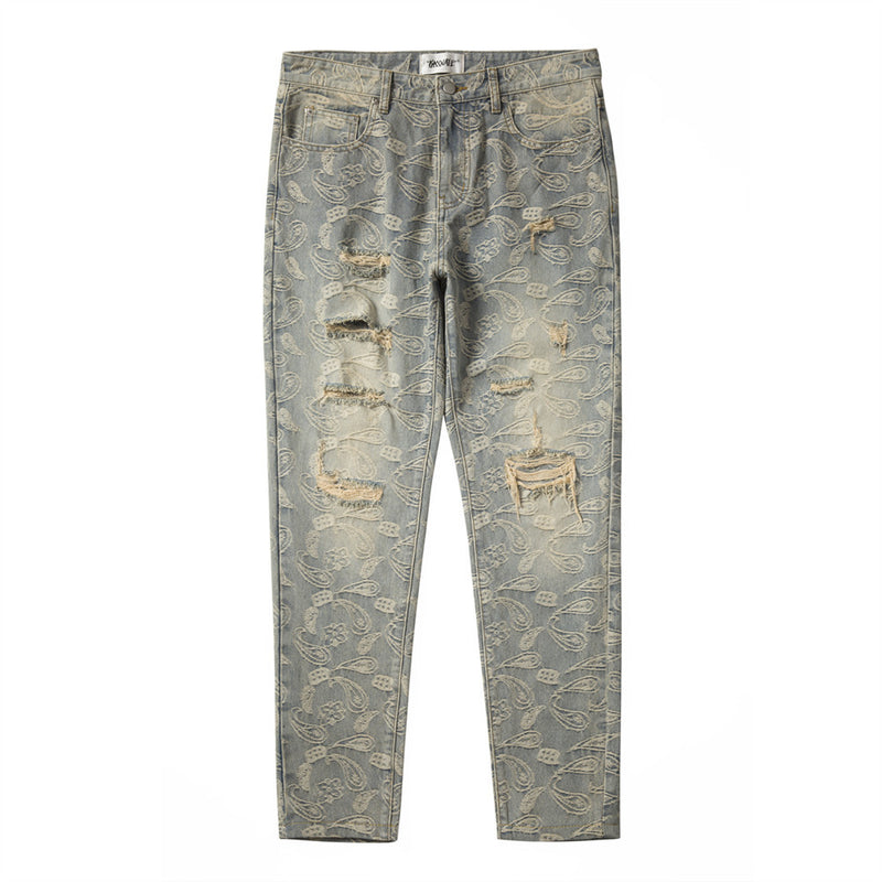 Men Jeans Paisley Slim Ripped Jeans Distressed