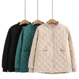 Women Cotton Coat Diamond Plaid Casual Jacket