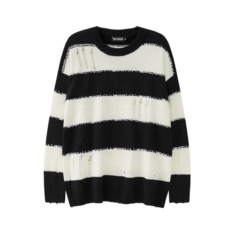 Men Sweater Striped Crocheted Ripped Crew Neck Sweater