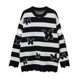 Women Sweater Striped Loose Hole Knitted Sweater