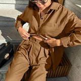 Women Co-Ords Brown Long Sleeve Shirt High Waist Loose Winter