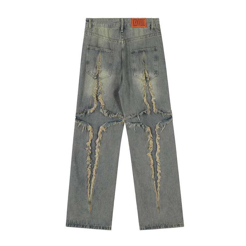 Men Jeans Stitching Hip Hop Style Loose Raw Hem