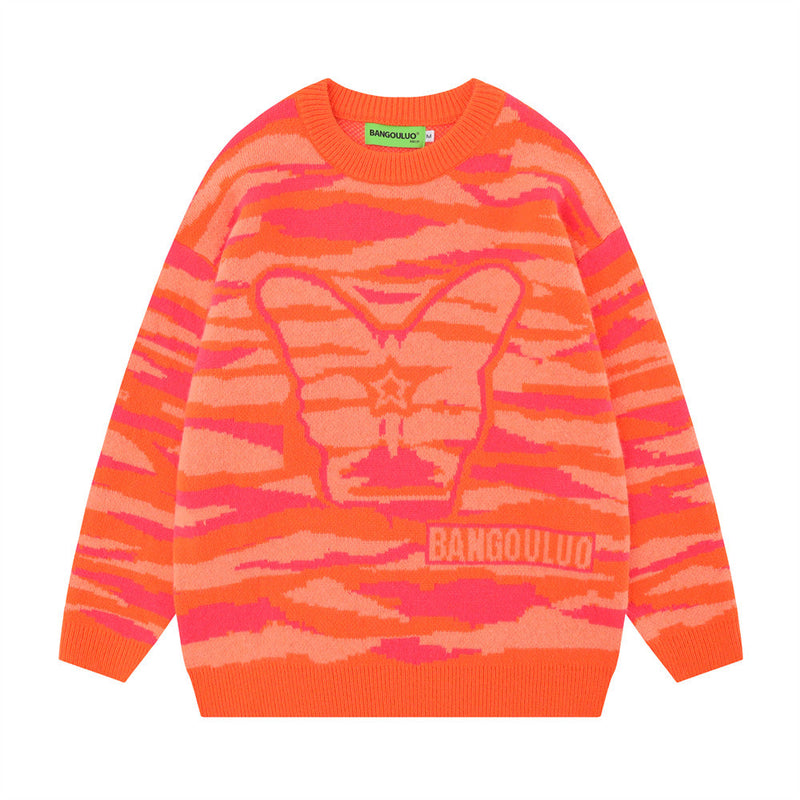 Men Sweater Camouflage Crew Neck Casual Sweater Butterfly Jacquard