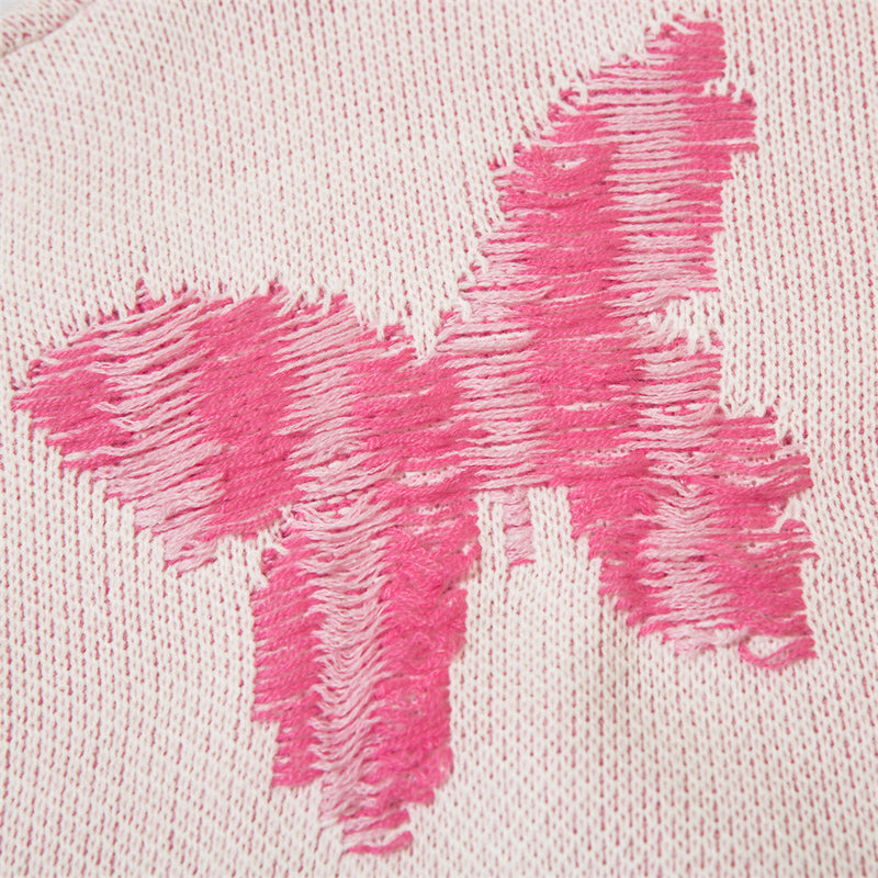 Men Sweater Butterfly Jacquard Ripped Knitwear Niche