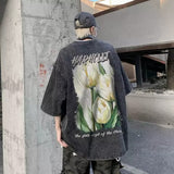Men T Shirt Tulip Vintage Print Heavy Loose