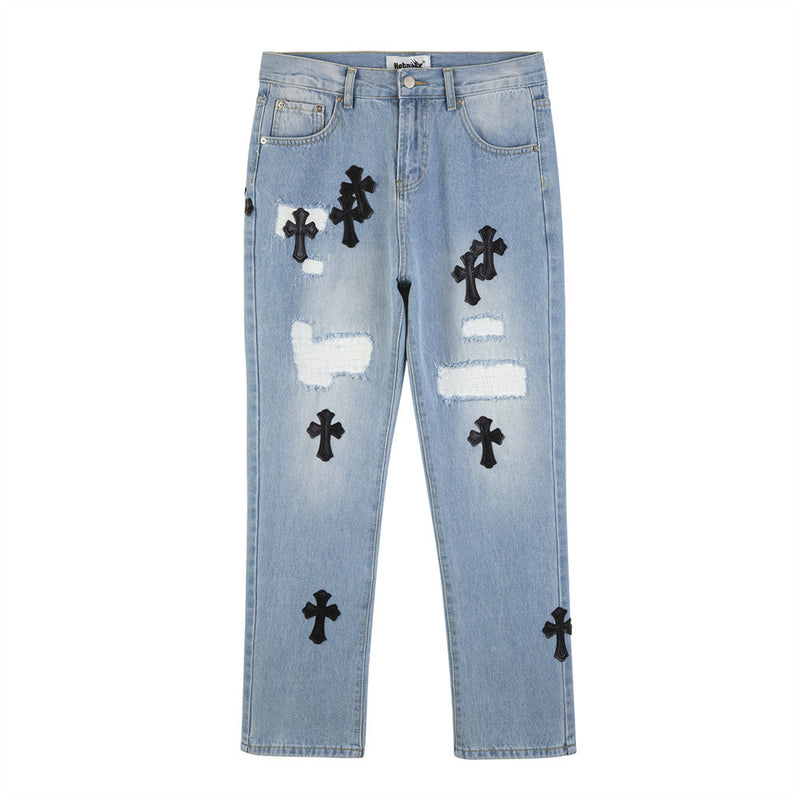 Men Jeans Ripped Cross Pattern Hip Hop Loose