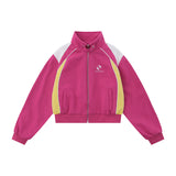 Women Jackets Color Stitching Stand-Collar Zipper Vintage