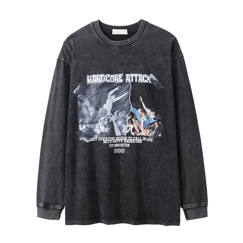 Men Long Sleeve T-Shirt Hip Hop Rock Character Print Distressed