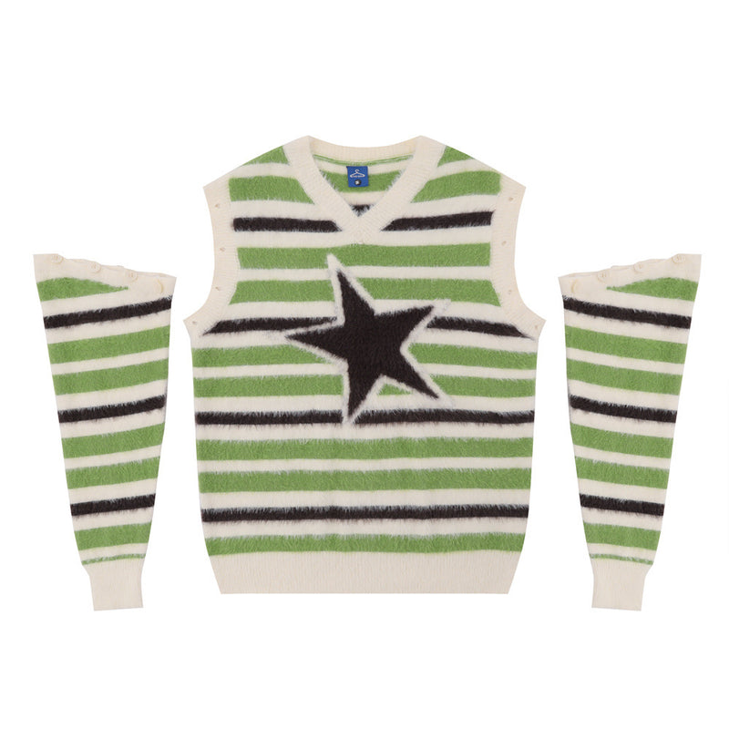 Men Sweater Striped with Fleece Lining Detachable Sleeves Knitwear