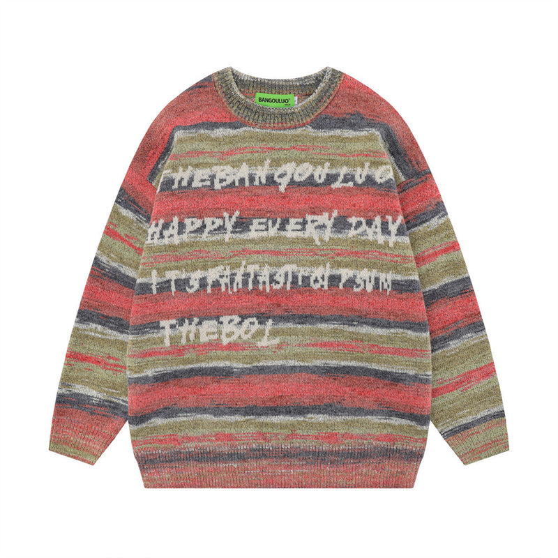 Men Sweater Vintage Stripe Jacquard Knitted Sweater
