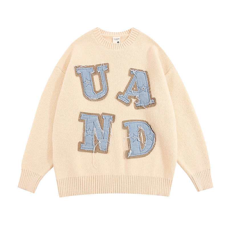 Women Sweater Denim Patch Idle Style Knitted Sweater